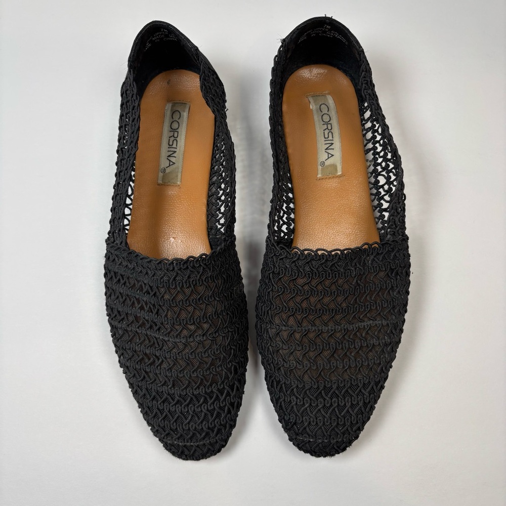 Corina Shoes Women’s Sz 7 M Black Slip On Flat Macrame Mesh Breathable